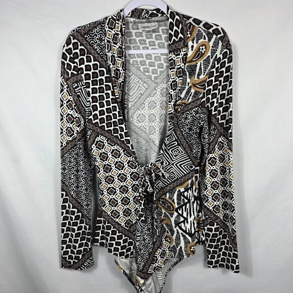 Coldwater Creek Tie Front Knit Jacket Size Medium Black Tan Animal Mixed Print - Picture 1 of 13